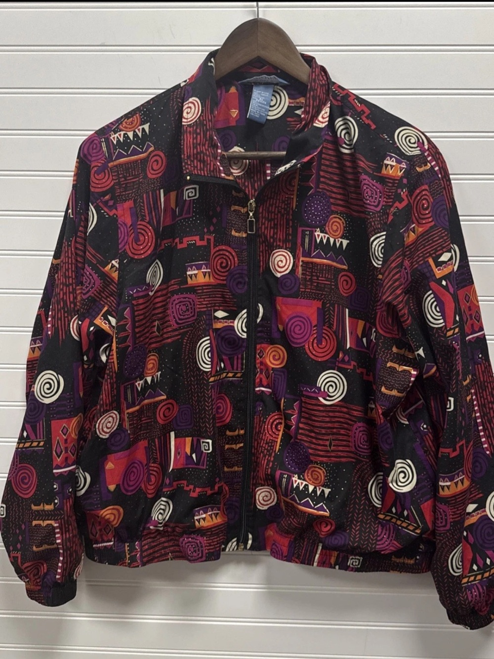 Koret Vintage 80/90s Multicolor Geometric Abstract Print Zip Bomber Jacket Sz PL